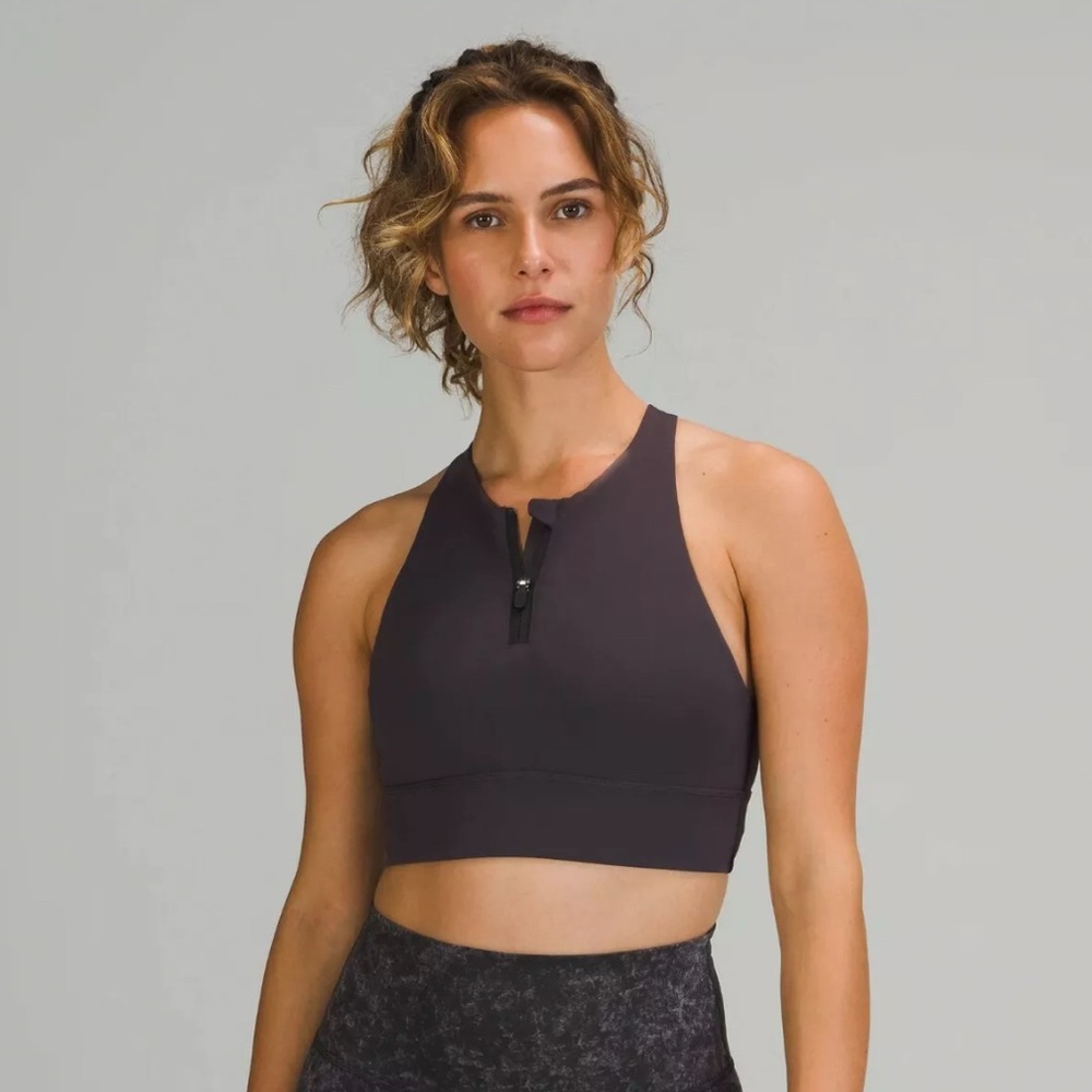 NWOT lululemon high neck zipper longline energy bra, black graphite, size 8